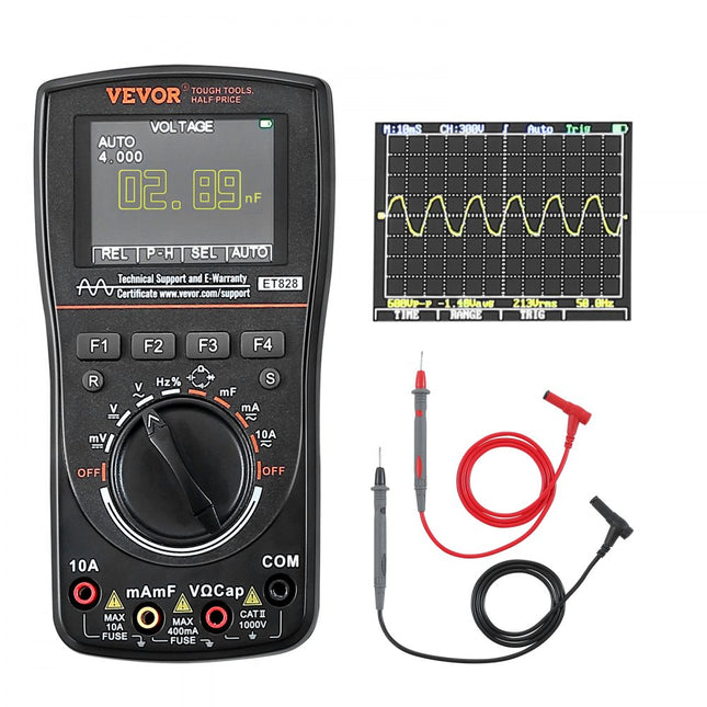 VEVOR 2 in 1 handoscilloscoop Digitale multimeter 1 kanaal 1 MHz bandbreedte 2,5 MS/S Hoge sampling Professionele LED-oscilloscoop, mini-oscilloscoop Gegevensopslagfunctie DC/AC spannings-/stroomtest