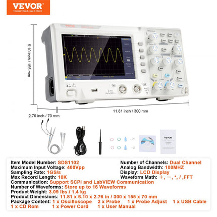 VEVOR Handoscilloscoop Digitale multimeter Tweekanaals 100 MHz bandbreedte 1 GS/S Hoge sampling Professionele kleurenscherm-oscilloscoop, mini-oscilloscoop Gegevensopslagfunctie Wiskundige berekening