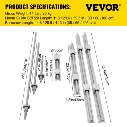 VEVOR Lineaire Geleiding SBR20 Lineaire rail 3 kogelomloopspindel RM1605-350/650/1050mm Slijpbanken Anti-speling