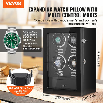 VEVOR watchwinder, automatische watchwinder, watchwinder, watchwinder voor automatische horloges, automatische watchwinder met ruimte voor 4 horloges, LED-verlichting, 150-207 mm verstelbare bandlengte
