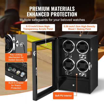 VEVOR watchwinder, automatische watchwinder, watchwinder, watchwinder voor automatische horloges, automatische watchwinder met ruimte voor 4 horloges, LED-verlichting, 150-207 mm verstelbare bandlengte