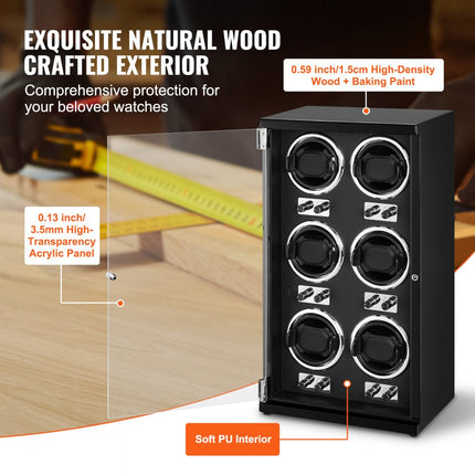 VEVOR Watch Winder, automatische watchwinder, watchwinder, watchwinder voor automatische horloges, automatische watchwinder met ruimte voor 6 horloges, LED-verlichting, 150-207 mm verstelbare bandlengte