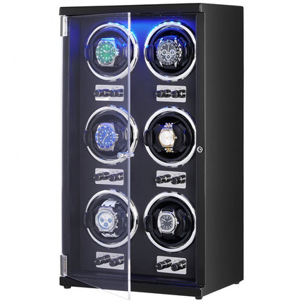 VEVOR Watch Winder, automatische watchwinder, watchwinder, watchwinder voor automatische horloges, automatische watchwinder met ruimte voor 6 horloges, LED-verlichting, 150-207 mm verstelbare bandlengte