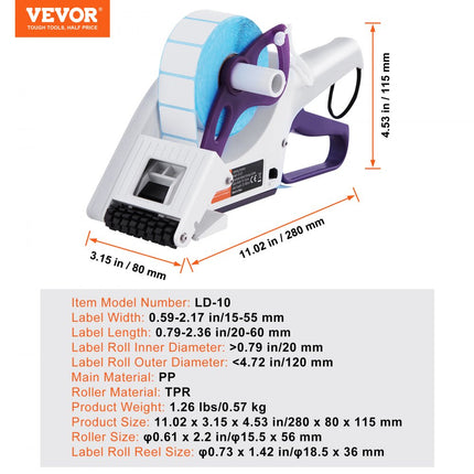 VEVOR prijsetiketteermachine handleiding 280x80x115mm etiketpistool etiketbreedtes van 15-55 mm, etiketlengtes van 20-60 mm prijskaartjes etiketten etiketteermachine etiketteerpistool