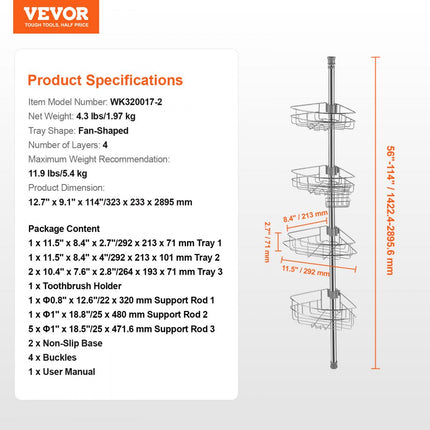 VEVOR Hoekplank Doucheplank Doucheplank Badkamer 1422-2895mm Hoge Trekstang