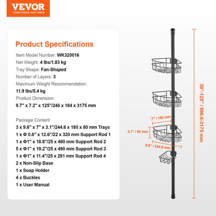 VEVOR Hoekplank Doucheplank Doucheplank 991-3175mm Hoogspanningsstang Zwart