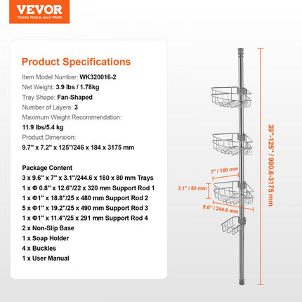 VEVOR Hoekplank Doucheplank Doucheplank Badkamer 990-3175mm Hoge Trekstang