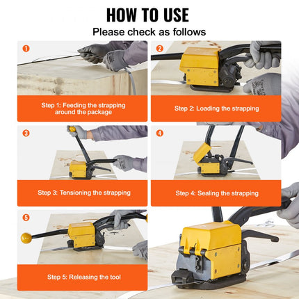 VEVOR staalbandapparaat voor 1/2"-3/4" breedte, 3-in-1 (spanner, crimper, snijder), handmatige tape-verpakkingsbandmachine, verpakkingsmetaalstaalbandbandmachine voor Edels
