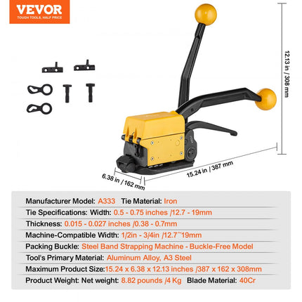 VEVOR staalbandapparaat voor 1/2"-3/4" breedte, 3-in-1 (spanner, crimper, snijder), handmatige tape-verpakkingsbandmachine, verpakkingsmetaalstaalbandbandmachine voor Edels