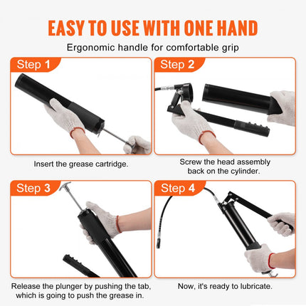 VEVOR Vetspuit 10000PSI Handbediende vetspuit 600CC Vetspuit met één hand Koolstofstaal en aluminiumlegering Handmatige vetspuit met Φ9x470mm slang Handhendel Vetspuit Vetspuit 428x130x56mm