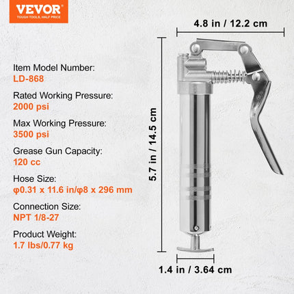 VEVOR-vetspuit, 3500 PSI, capaciteit 4 OZ / 120 CC, professioneel handpistool, met 11,65" flexibele slang, 2 zwarte platte koppelingen, 1 versterkt mondstuk en 2 stijve metalen buizen