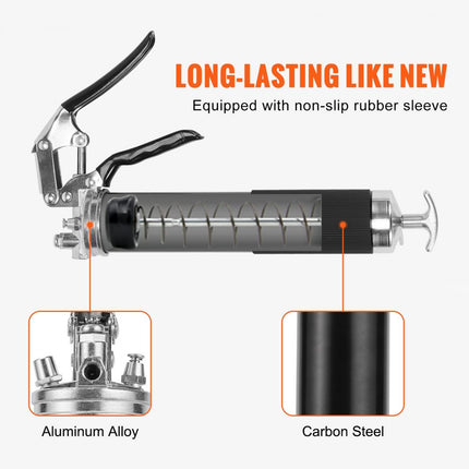 VEVOR vetspuit met pistoolgreep, 6000 PSI, 14 OZ / 400 CC capaciteit, professionele vetspuit voor zwaar gebruik met 17,72" flexibele slang, 1 zwarte platte koppeling, 1 puntige koppeling en 1 gebogen metalen buis