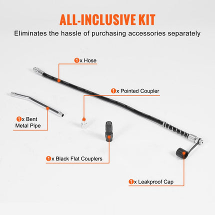 VEVOR vetspuit met pistoolgreep, 6000 PSI, 14 OZ / 400 CC capaciteit, professionele vetspuit voor zwaar gebruik met 17,72" flexibele slang, 1 zwarte platte koppeling, 1 puntige koppeling en 1 gebogen metalen buis