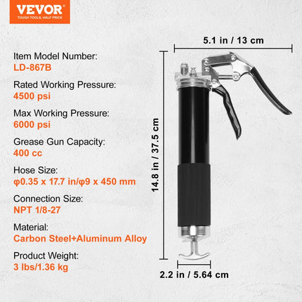 VEVOR vetspuit met pistoolgreep, 6000 PSI, 14 OZ / 400 CC capaciteit, professionele vetspuit voor zwaar gebruik met 17,72" flexibele slang, 1 zwarte platte koppeling, 1 puntige koppeling en 1 gebogen metalen buis
