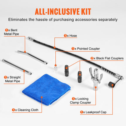 VEVOR vetspuit met pistoolgreep, 6000 PSI, capaciteit 14 OZ / 400 CC, professionele vetspuit voor zwaar gebruik met flexibele slang van 19,69", 2 zwarte platte koppelingen, 1 puntige koppeling en 2 stijve metalen buizen