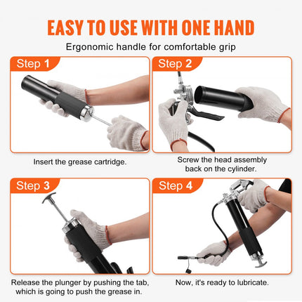 VEVOR vetspuit met pistoolgreep, 6000 PSI, capaciteit 14 OZ / 400 CC, professionele vetspuit voor zwaar gebruik met flexibele slang van 19,69", 2 zwarte platte koppelingen, 1 puntige koppeling en 2 stijve metalen buizen