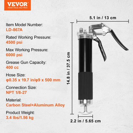 VEVOR vetspuit met pistoolgreep, 6000 PSI, capaciteit 14 OZ / 400 CC, professionele vetspuit voor zwaar gebruik met flexibele slang van 19,69", 2 zwarte platte koppelingen, 1 puntige koppeling en 2 stijve metalen buizen