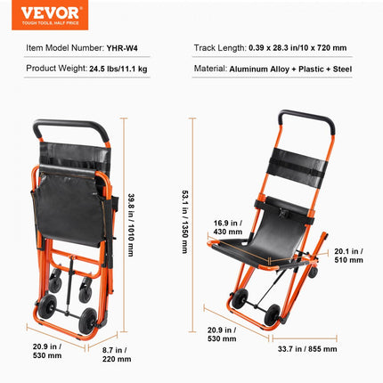 VEVOR EMS-trapstoel, 159 kg draagvermogen, opvouwbare noodtrapklimrolstoel van aluminium, 855x530x1350 mm, traplift, ambulance, brandweerman, evacuatie voor ouderen en gehandicapten