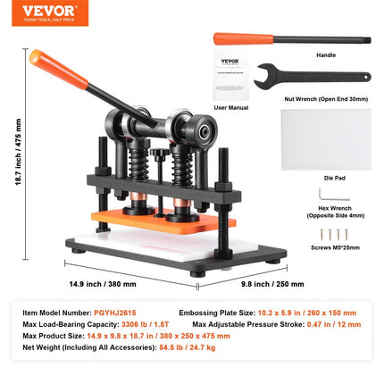 VEVOR leerponsmachine Handmatige leersnijmachine 26 x 15 cm, leer embossingmachine 1,5 t Zware leerponsmachine Geschikt voor leer, PVC/EVA-schuim, niet-klevende materialen