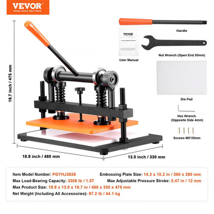 VEVOR lederen ponsmachine, handmatige leersnijmachine 36 x 26 cm, lederen embossingmachine 1,5 ton, zware lederen ponsmachine, geschikt voor leer, PVC/EVA-schuim, niet-klevende materialen
