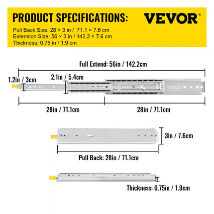 VEVOR Ladegeleider Lade Rails Ladeglijbanen met Slot 1 Paar 28 inch Zwaar Industrieel Staal tot 500 lbs Capaciteit 3-voudig Volledige Verlenging