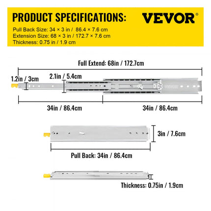 VEVOR Ladegeleider Lade Rails Laderails met vergrendeling 2 ballen 86,4 cm beladen 3 vakken 172,7 cm koudgewalst staal 225 kg zijmontage