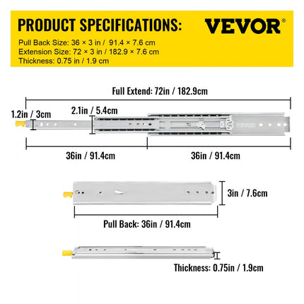 VEVOR Lade Rails Ladeglijbanen met sleuf 1 paar 36 inch zwaar industrieel staal tot 500 lbs capaciteit 3-voudige volledige verlenging