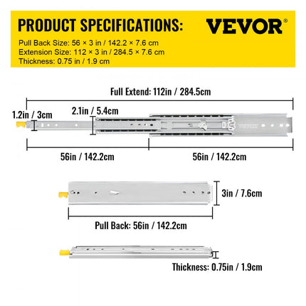 VEVOR Ladegeleider Lade Rails Ladeglijbanen met Slot 1 Paar 56 inch Zwaar Industrieel Staal tot 500 lbs Capaciteit 3-voudig Volledige Verlenging