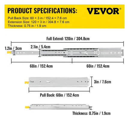 VEVOR Ladegeleider Lade Rails Ladeglijbanen met Slot 1 Paar 60 inch Zwaar Industrieel Staal tot 500 lbs Capaciteit 3-voudig Volledige Verlenging