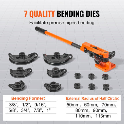 VEVOR buisbuiger Ø10-25mm (7 matrices) manuele buisbuiger 0-180° hand buisbuiger 50-113mm buigradius buisbuiger koper, aluminium, RVS buizen met een wanddikte van 0 tot 2mm