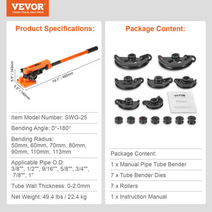 VEVOR buisbuiger Ø10-25mm (7 matrices) manuele buisbuiger 0-180° hand buisbuiger 50-113mm buigradius buisbuiger koper, aluminium, RVS buizen met een wanddikte van 0 tot 2mm