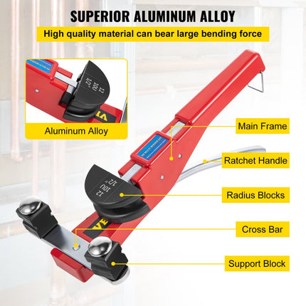 VEVOR pijpenbuiger, 7 matrijzen 1/4-7/8 inch 6-22 mm ratelpijpenbuigerset, 90° handpijpenbuiger met omkeerbuigopzet, 10 KN buigkracht handbuigmachine