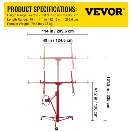 VEVOR Platenlift Gipsplaten 68 kg Gewichtscapaciteit Paneellift Gipsplaten 120 cm-335 cm Hoogte Gipsplaten Lift van Koolstofstaal met Drie Vergrendelbare Wielen voor het Optillen van Gipsplaat, Plank