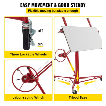 VEVOR Paneellifter, 16ft (ca. 5 m) paneellift, 68kg laadvermogen, paneelhefgereedschap, staalmateriaal met telescopische arm en 3 vergrendelwielen, 122x488cm gipsplaatformaat