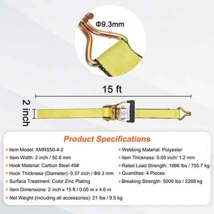 VEVOR Set van 4 spanbanden 0,05 x 4,6 m Spanband 2268 kg Ratelspanband Polyesterband en koolstofstalen haakbevestigingsband Ratelspanband Ideaal voor motorfietsen Fietsen Kajaks UTV Boten ATV