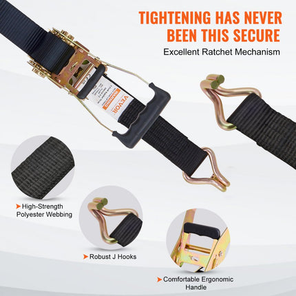 VEVOR Set van 4 spanbanden 0,05 x 2,4 m Spanband 5048 kg Ratelspanband Polyesterband en koolstofstalen haakbevestigingsband Ratelspanband Ideaal voor motorfietsen Fietsen Kajaks UTV Boten ATV