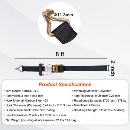 VEVOR Set van 4 spanbanden 0,05 x 2,4 m Spanband 5048 kg Ratelspanband Polyesterband en koolstofstalen haakbevestigingsband Ratelspanband Ideaal voor motorfietsen Fietsen Kajaks UTV Boten ATV