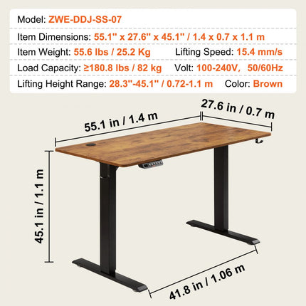 VEVOR Bureau in hoogte verstelbaar elektrisch, 140 x 70 cm sta-bureau, 0,72-1,1 m verstelbare geheugenbediening, groot computerbureau 82 kg belastbaar bruin bureau bureau pc-tafel zit- en stabureau