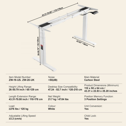 VEVOR bureauframe met dubbele motor, verstelbare hoogte 65-129 cm en lengte 110-178 cm, elektrisch verstelbaar tafelframe, ergonomische doe-het-werkstationbasis, 3 posities (alleen frame)