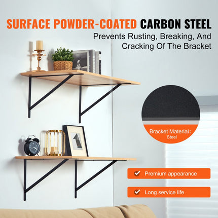 VEVOR plankbeugels 460 x 305 x 25 mm 12 stuks zwevende plankbeugels beugels voor planken 3 mm dik matzwarte driehoekige plankbeugels stalen plankbeugels met een draagvermogen van 72,6 kg