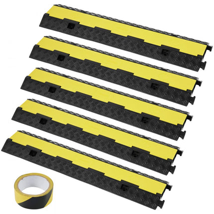 VEVOR set van 5 2-kanaals kabelbescherming oprijplaat kabelbrug rubber + PVC slangbrug 98 x 24 x 4,5 cm overloopbeveiliging 5443 kg (per as) draagvermogen kabeloprit antislip uitvoering ideaal voor parkeerplaatsen