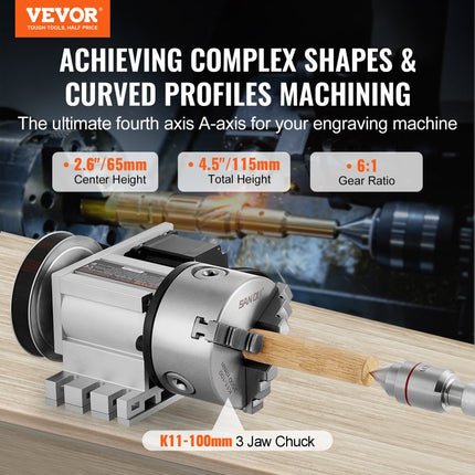 VEVOR klauwplaat K11-100mm drieklauwplaat 4e as van de CNC-rotatie-as, een overbrengingsverhouding van 6:1 en een Nema23 tweefasige stappenmotor 3-klauwplaat voor CNC-frezen