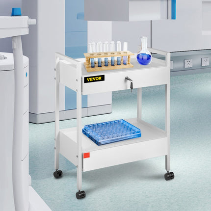 VEVOR Laboratoriumwagen 2-laags roestvrijstalen universele wagen, medische wagen, 2 laden, rollende laboratoriumwagen, wit geschilderde serveerwagen met 360° wielen, voor laboratorium, ziekenhuis, tandartspraktijk, salon