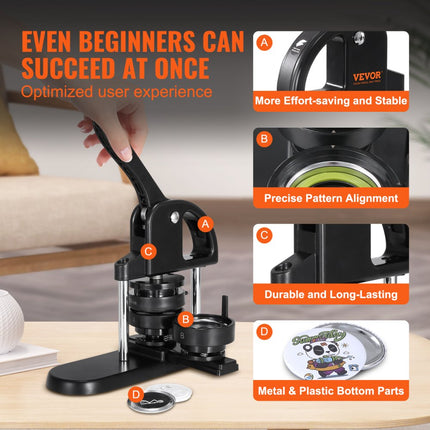 VEVOR button machine button maker machine 25/32/58 mm, badge punch press, button press, DIY badge press machine button badge maker voor gepersonaliseerde badges inclusief magisch boek