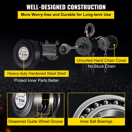 VEVOR handkettingtakel, kettingtakel met een capaciteit van 1 ton, slag van 3 m, handmatige handkettingtakel, handmatige kettingtakel met industriële staalconstructie voor het heffen van goederen in transport en werkplaats