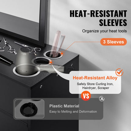 VEVOR Salonopbergkast Wandmontage Kapsalonstation voor kappers Kappersstationset met 3 vakken, een spiegel, een dubbele deurkast en een lade, zwart, 75 x 30 x 140 cm