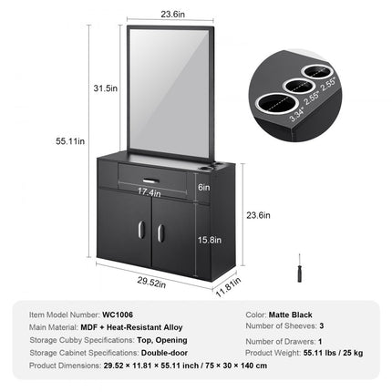 VEVOR Salonopbergkast Wandmontage Kapsalonstation voor kappers Kappersstationset met 3 vakken, een spiegel, een dubbele deurkast en een lade, zwart, 75 x 30 x 140 cm