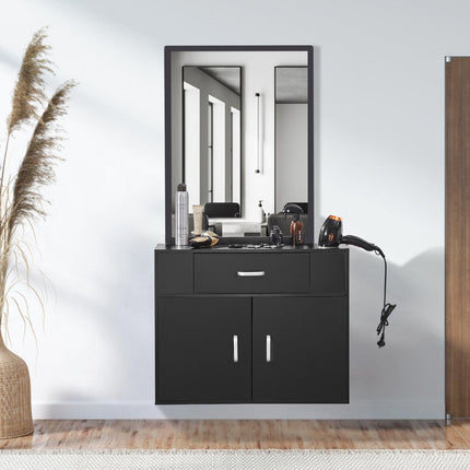VEVOR Salonopbergkast Wandmontage Kapsalonstation voor kappers Kappersstationset met 3 vakken, een spiegel, een dubbele deurkast en een lade, zwart, 75 x 30 x 140 cm