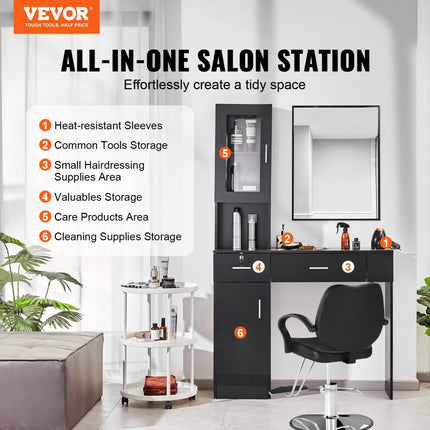 VEVOR Salonstation Wandgemonteerd kapsalonstation voor kappers Beauty Spa-meubelset 1 opbergkast 3 vakken en 2 laden (één afsluitbaar) Zwart 102,8 x 30 x 170 cm
