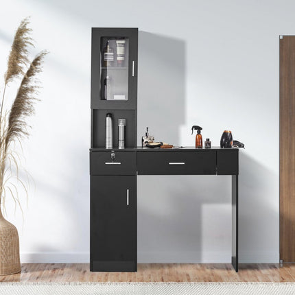 VEVOR Salonstation Wandgemonteerd kapsalonstation voor kappers Beauty Spa-meubelset 1 opbergkast 3 vakken en 2 laden (één afsluitbaar) Zwart 102,8 x 30 x 170 cm